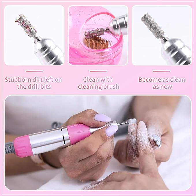 Nail Drill Bits Cleaner Brush Case Accessories, Nail Art Cleaner Tool Case with Steel & Nylon Wire Brush for Cleaning Tungsten Carbide Ceramic Nail Drill Bits Cuticle, Pink