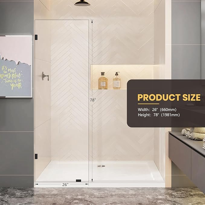 26" W x 78" H Frameless Shower Glass Panel, Single Fixed Shower Panel Screen with Clamps, 5/16"(8mm) Clear Tempered Glass, Bathroom Shower Doors Fixed Shower Glass Door Panel in Matte Black