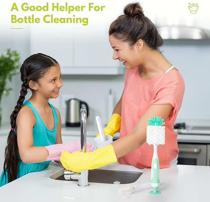 Baby Bottle Brush Set with Nipple Cleaner and Suction, 10.2" Cleaning Brush and 6.5" Sponge Bottle Brush with A Replacement Brush Head and Two 6.7" Straw Brushes, Pack of 5 (Yellow)