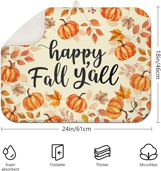 Fall Dish Drying Mat for Kitchen Counter,Autumn Pumpkin Maple Leaf Pattern Microfiber Drying Mat,Washable Absorbent Countertop Harvest Thanksgiving Dish Mat Drain Mat,18x24 Inch