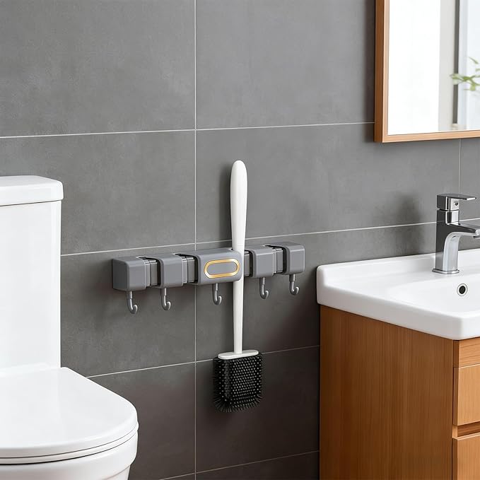 Broom Holder Wall Mount Hanger Mop,Broom and Mop Organizer Wall Hanging with 4 Slots 5 Hooks,Grey