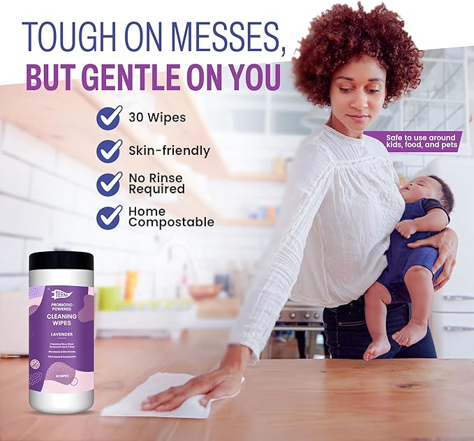 TEEM Probiotic Cleaning Wipes with Lavender Essential Oil, Microcleans Surfaces for up to 7 Days, Home Compostable & Biodegradable, All-Natural Multi Surface Wipes - 30 Count (Pack of 1)