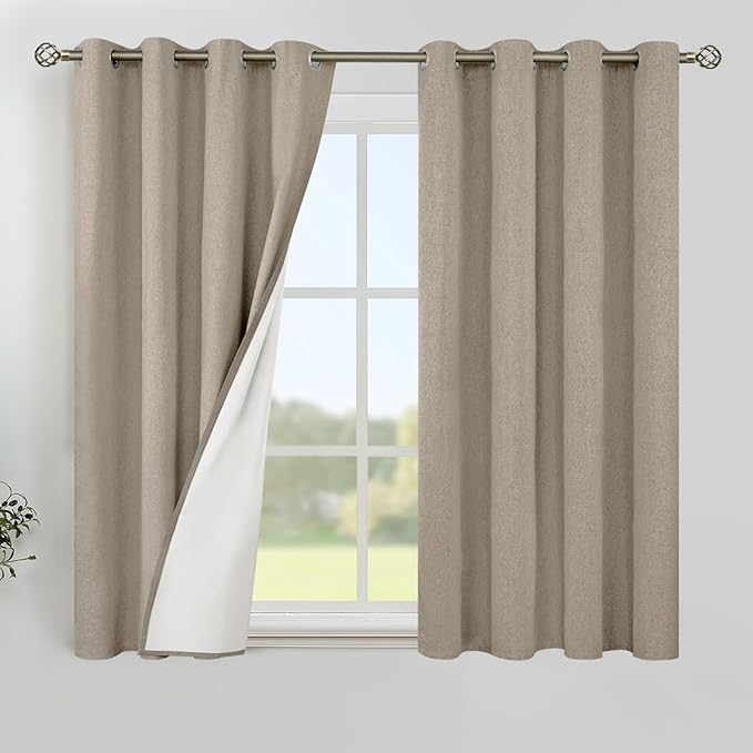 YoungsTex Short Linen 100% Blackout Curtains for Bedroom, Thermal Insulated Full Room Darkening Window Drapes Taupe Textured Grommet Blinds with White Liner for Kitchen, 2 Panels, 52 X 45 Inch