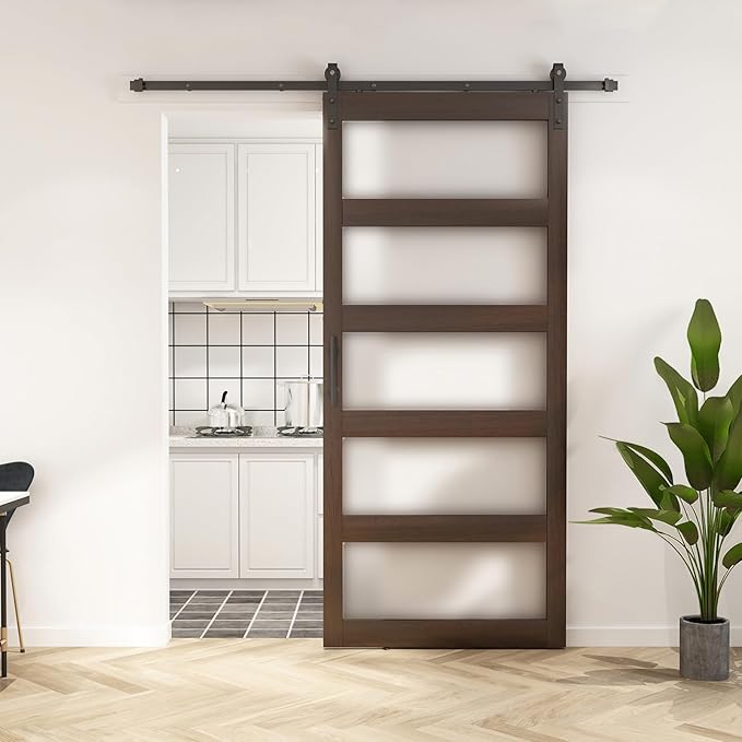 BARNSMITH 42in x 96in Glass Barn Door and 7FT Sliding Door Hardware Included, 5-Panel Frosted Glass Sliding Barn Door, Solid Wood Covered with Water-Proof PVC Surface, Easy Assembly, Brown