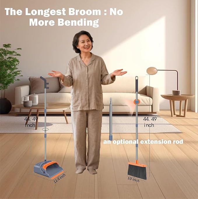Upgrade Long Handle Design Broom and Dustpan Set - for Home & Office Use, with Upright Standing Dustpan, No Bending,Suitable for Indoor & Outdoor Sweeping,Orange and Grey
