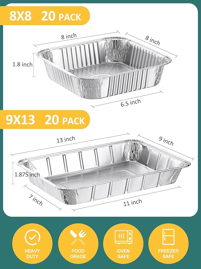 40 Pack Disposable Aluminum Pans Combo Set - 20 Large 9x13 Aluminum Foil Pans Half Size & 20 Small 8x8 Tin Foil Baking Pans, Tin Trays Containers for Meal Prep, Food Cooking, Roasting, Heating