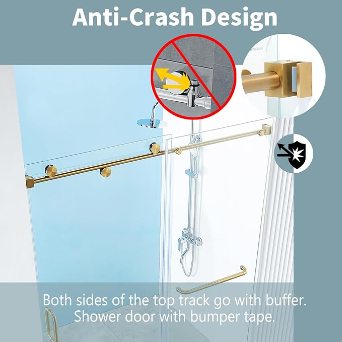 56-60" W x 76" H Frameless Sliding Shower Door, Frameless Shower Door, Shower Glass Door with 5/16" (8mm) Clear SGCC Tempered Glass, Stainless Steel Hardware O01 (Brushed Gold)