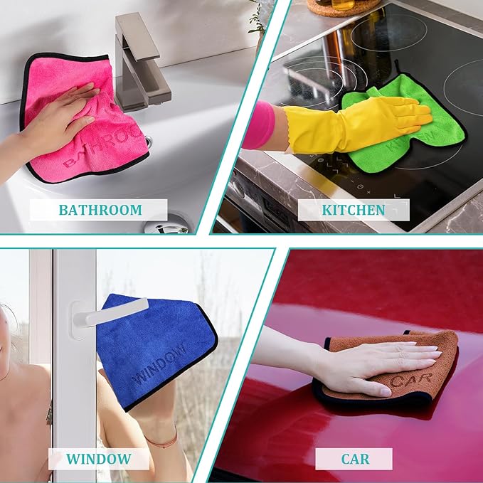 Microfiber Cleaning Cloth Set - 6 Pack Microfiber Towel 12"x12" with Printed Use Labels, Color-Coded Dish Rags Cleaning Towels, Reusable Rags for Cleaning House, Kitchen, Car, Bathroom