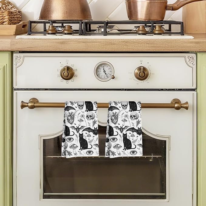 2Pcs Skeleton Cat Kitchen Towels, Mushroom Durable Microfiber Tea Towels for Kitchen Home Bathroom Farmhouse Decor, Eyes Bat Waffle Weave Dish Drying Towel, Cat Gifts for Women Friend, 24x14 Inch