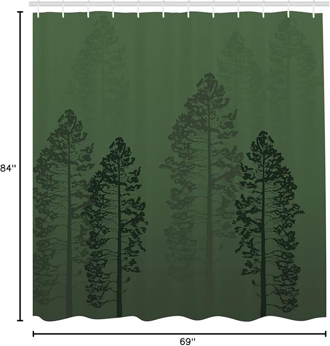 Ambesonne Country Shower Curtain, Pine Trees in The Forest on Foggy Seem Ombre Backdrop Wildlife Adventure Artwork, Cloth Fabric Bathroom Decor Set with Hooks, 69" W x 84" L, Forest Green