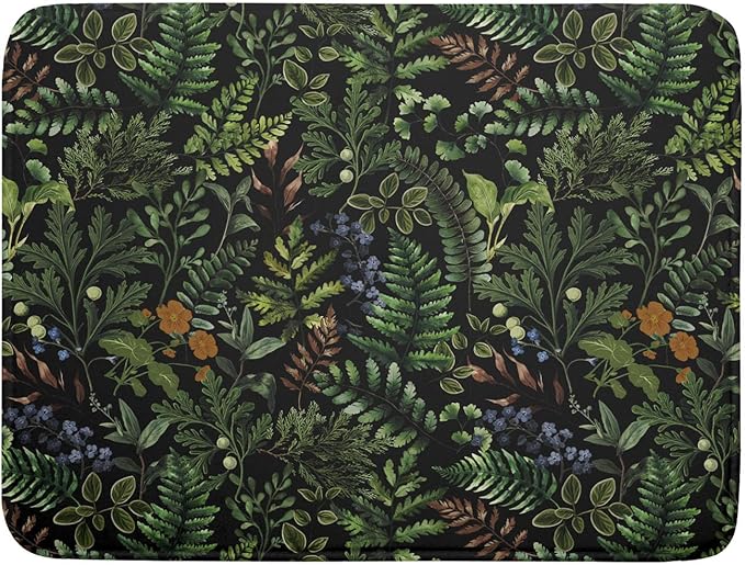 Black Sage Green Plant Dish Drying Mat for Kitchen Counter,Vintage Botanic Fern Leaves Floral Drying Mat 18 x 24 Inch with Absorbent Reversible Microfiber Drying Pad for Coffee Bar