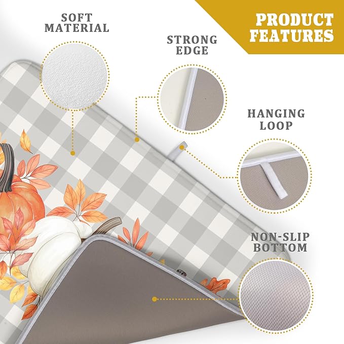 Fall Dish Drying Mat for Kitchen Counter Autumn Orange White Pumpkins Festival Microfiber Absorbent Dish Draining Reusable Washable Foldable Extra Large 18"x24"