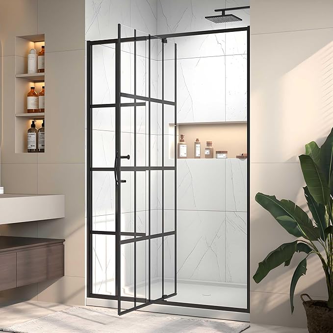 44-48" W x 71" H Pivot Glass Shower Door,Grid Pattern,1/4"(6mm) Thick SGCC Tempered Shower Glass Door,Matte Black Shower Door,Reversible Installation