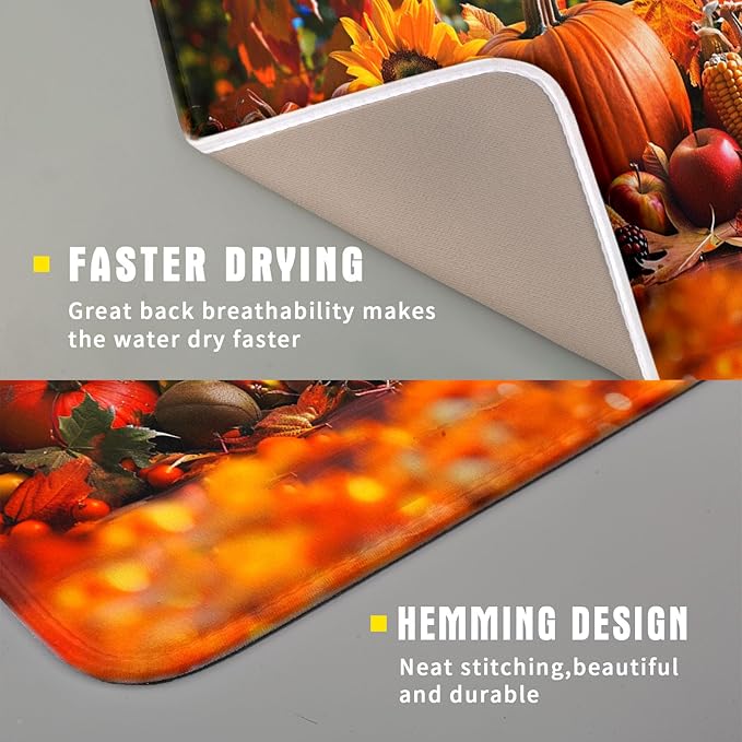 Fall Harvest Pumpkin Dish Drying Mat for Kitchen Counter,Thanksgiving Maple Leaves Sunflower Drying Mat 16 x 18 Inch with Absorbent Reversible Microfiber Dish Drying Pad for Coffee Bar