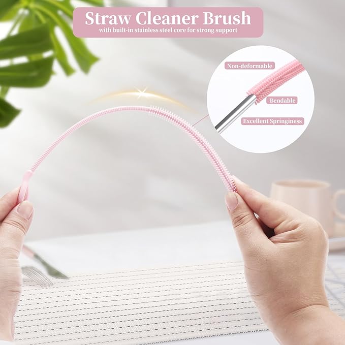 2Pcs silicone straw cleaning brushes, extra long, used for Cleaning Glass Metal Smoothie Straws and StrawCups,Non-slip Handle Soft and Bendable, 6mm+9mm. (Pink)