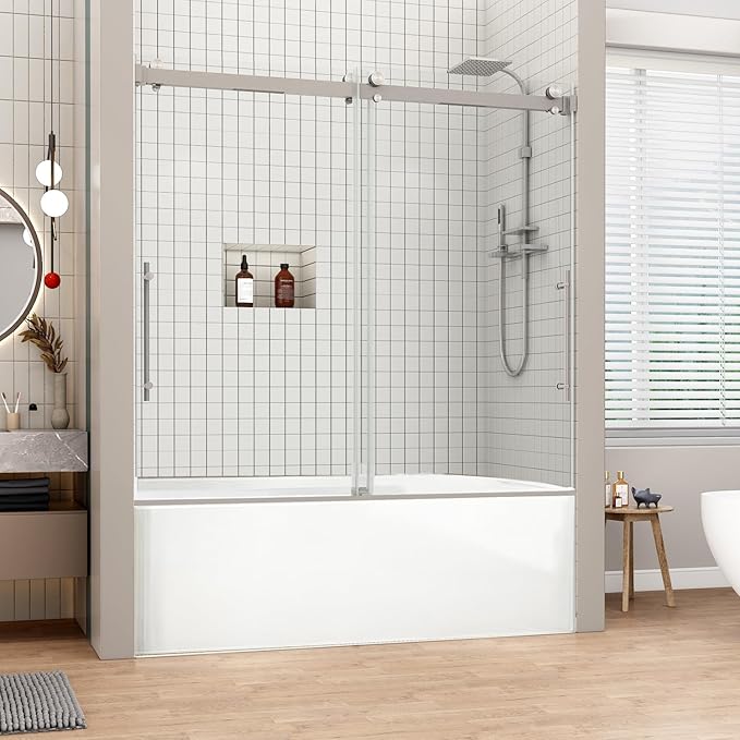 Sunrosa Frameless Double Sliding Tub Shower Door 60" W x 60" H, 5/16" (8mm) Thick Easy-Clean Tempered Glass, Adjustable Tub Door with Soft-Close System, Brushed Nickel Finish
