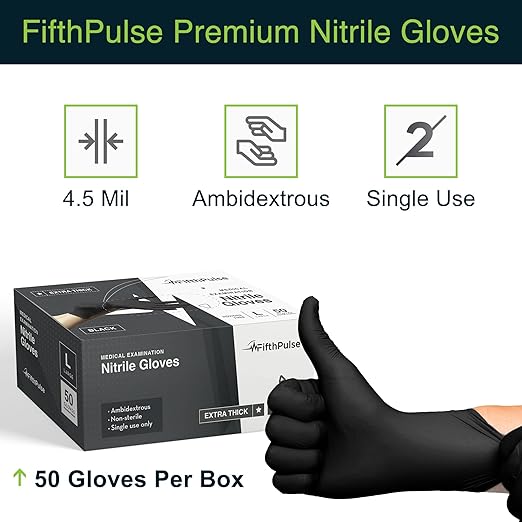 Disposable Black Nitrile Gloves X Large 50 Count - Extra Thick 4.5 Mil - Powder and Latex Free Rubber Gloves - Surgical Medical Exam Gloves - Food Safe Cooking Gloves