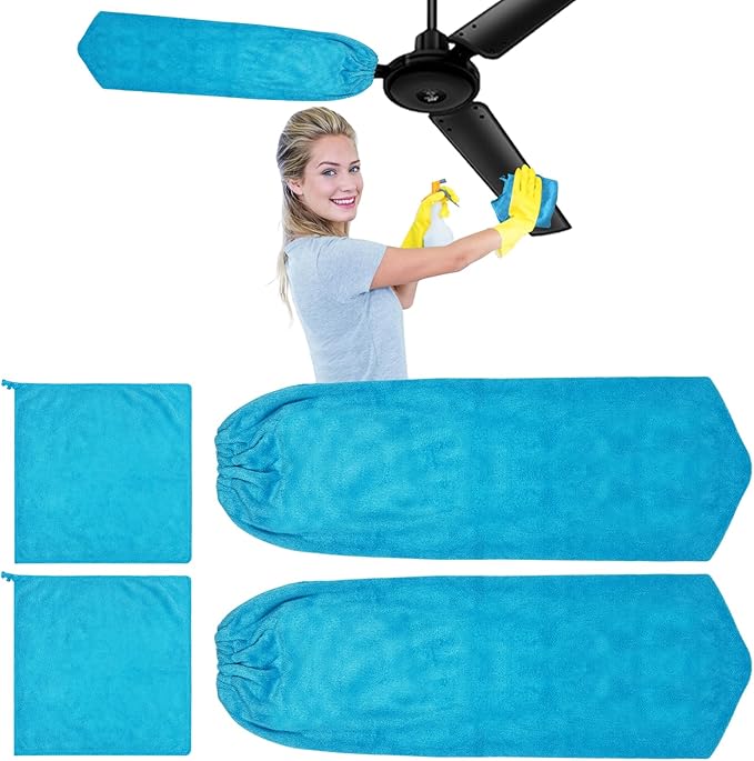 4 PCS Ceiling Fan Duster Kits,100% Microfibre Fan Blade Cleaner for high Ceiling Fan Blades.Machine Washable and Reusable,Includes 2 Ceiling Fan dusters and 2 Microfibre Towels (Blue)