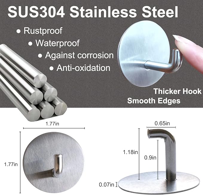 Silver Adhesive Hooks for Wall No Damage Heavy-Duty 15lb(Max) 8 Packs, Sticky Hangers for Hanging, Stainless Steel, Removable, Waterproof, Oilproof and Rustproof for Bathroom Kitchen Home