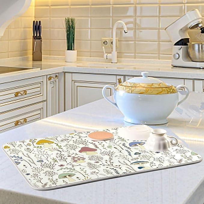 Cute Mushroom Wild Plant Dish Drying Mat for Kitchen Counter Absorbent Microfiber Drying Pad, Medium 16x18 in, Reversible Drainer Mats