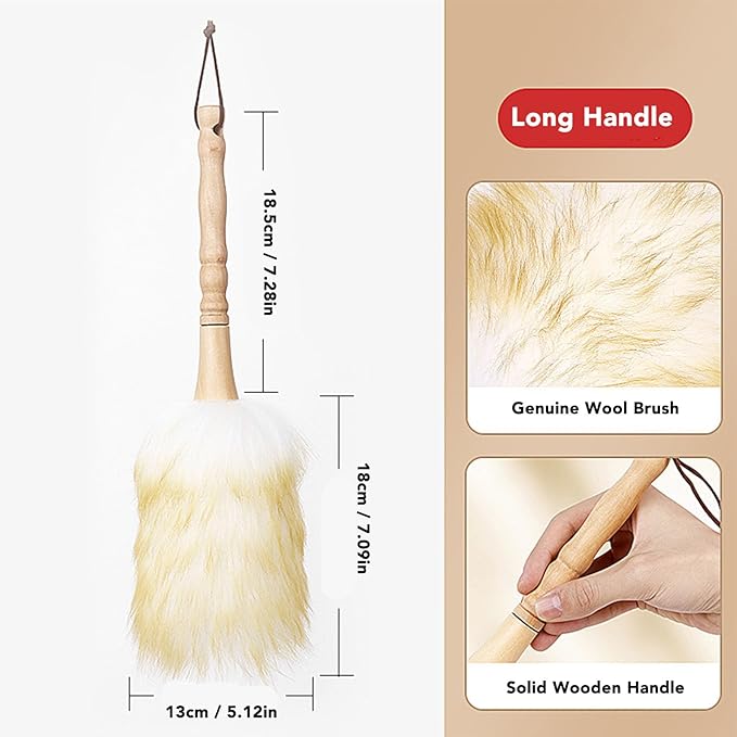 Wooden Handle Lambswool Duster, Soft Wool, Multifunctional Cleaning Brush for Blinds Table Piano, Home Use, Musical Instrument (Long Handle