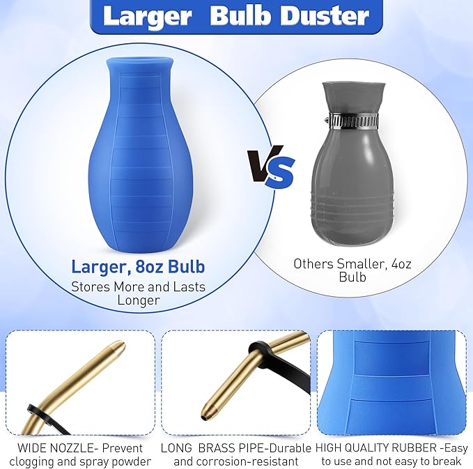Diatomaceous Earth Powder Duster, 8OZ Garden Powder Applicator Dispenser with Long Metal Tube, Bulb Duster Sprayer for Home Organic Gardening Agricultural Supply(Blue, 1 Pack)