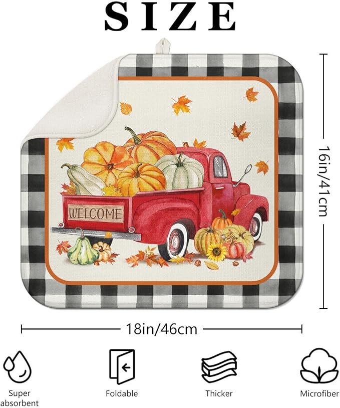 Fall Dish Drying Mat for Kitchen Counter,Autumn Buffalo Plaid Truck Pumpkin Pattern Microfiber Drying Mat,Washable Absorbent Kitchen Countertop Harvest Thanksgiving Dish Mat Drain Mat,16x18 Inch