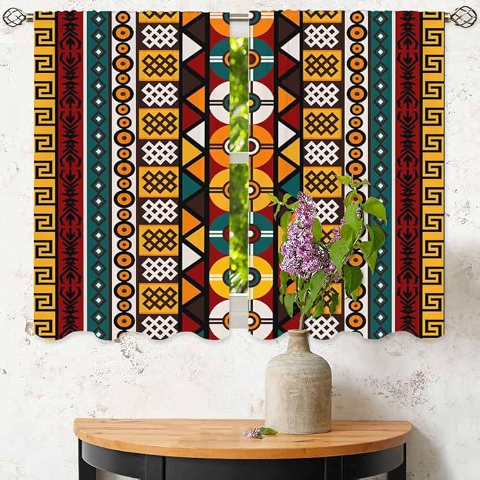 Kente Pattern Kitchen Curtains African Ancient Ethnic Tribal Geometrical Motifs Short Tier Curtains for Bathroom Cafe Small Window Drapes Treatment 2 Panels (27.5x39 Inch)