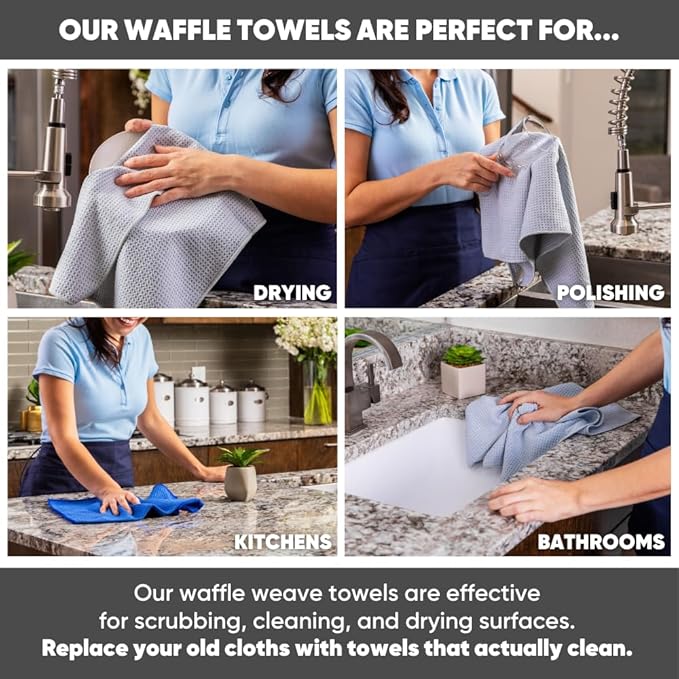 Kitchen Towels - Microfiber Waffle Weave Towels | Absorbent, No Lint, Thick, Reusable, Commercial, Soft, Hand, Tea, Glass, Bar, Sublimation Blank, Polyester Cloths (White, 16 x 24 (6 Pack))