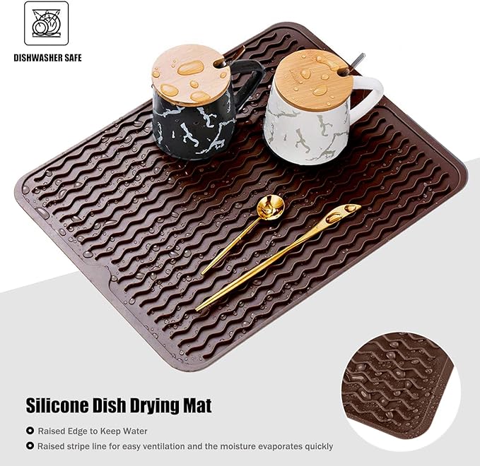 Large 14" x 11" Silicone Dish Drying Mat for Kitchen Counter, Easy clean, Quick Dry, Heat-resistant Dish Drainer Mat for Sink,Refrigerator or Drawer liner (Food Grade Silicone-Coffee)