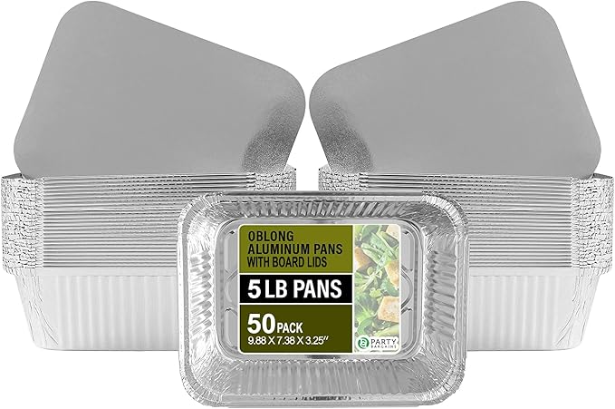 PARTY BARGAINS 5 lb Aluminum Pans with Board Lids, 50 Pack – 9 x 7 in Disposable Foil Roasting & Steam Table Pans for Catering, Takeout, Meal Prep, Oven Safe up to 240°C