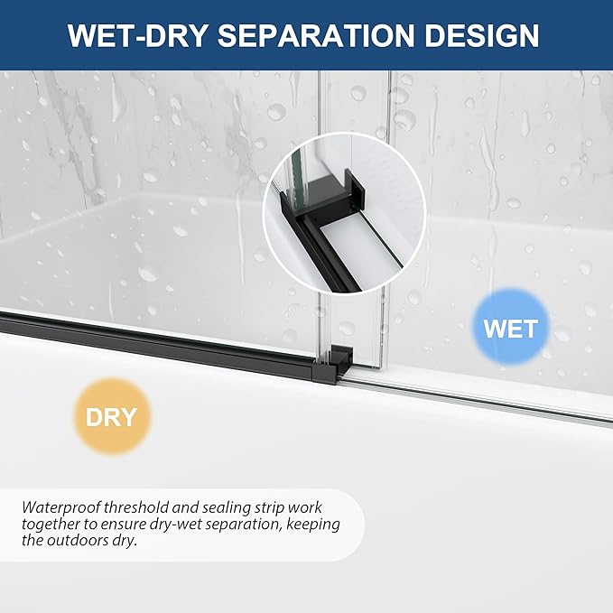 Frameless Tub Sliding Door,5/16"(8mm) Bathtub Shower Door with Soft-Close & Anti-Leak,Nano Coating Anti-Explosion Film SGCC Tempered Glass 55"-60" W x 60" H,Matte Black