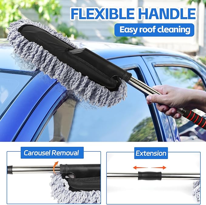 Wuyaoyao 2PCS Car Duster Set, Soft Microfiber Car Duster Interior Exterior, Scratch Free Auto Cleaning Brush with Extendable Handle, Multipurpose Dusting Tool for Auto Office Home Furniture (Gray)
