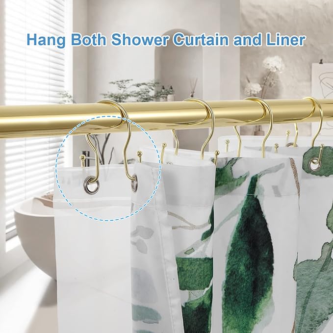 24 Pack Double Shower Curtain Hooks Rings, TENOVEL Double Sided Shower Curtain Hooks Rust Proof for Shower Curtain, Stainless Steel Bathroom Shower Hangers Rings for Shower Rods, Gold