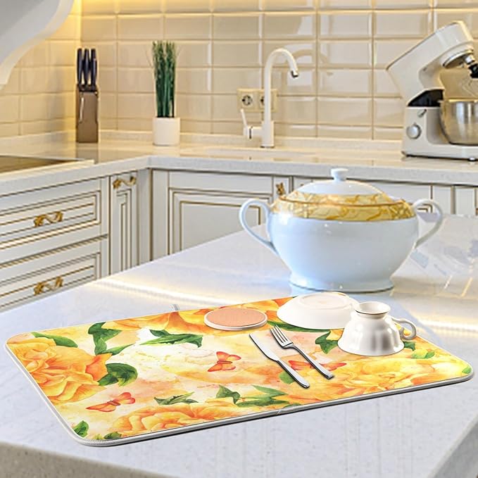 Tarity Watercolor Yellow Rose Dish Drying Mat for Kitchen Counter Absorbent Heat Resistant Microfiber Dishes Drainer Mat 18x24 in Large Dish Pad Sink Mat Protective Pad Kitchen Decor