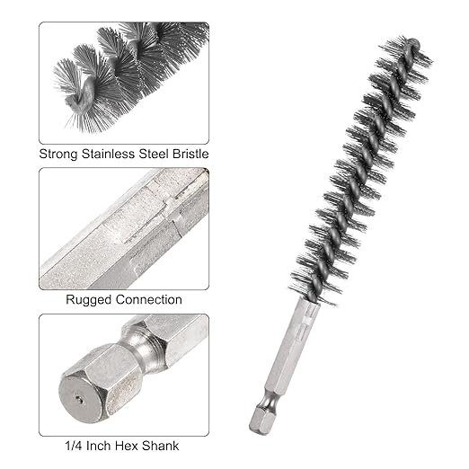 HARFINGTON 3pcs Stainless Steel Bore Brush 15mm Dia Cleaning Wire Brush with Handle 1/4 Inch Hex Shank for Tubes, Ports, Bearings