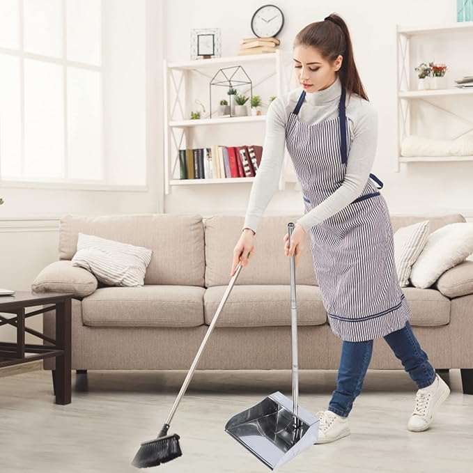 DOITOOL Dust Pan with Long Handle Stainless Steel Dustpan Upright Dustpan Garbage Standing Dustpans for Lobby Garage Home and Yard