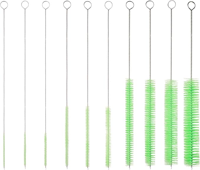10" Tube Cleaning Brush Set, 10 Pack, Extra Long Nylon Straw Brushes with Flexible Handles for Bottles, Cleaning Straws, Pipe Cleaners, Keyboard, Glass, Guns, Detailing and Deep Cleaning, Green