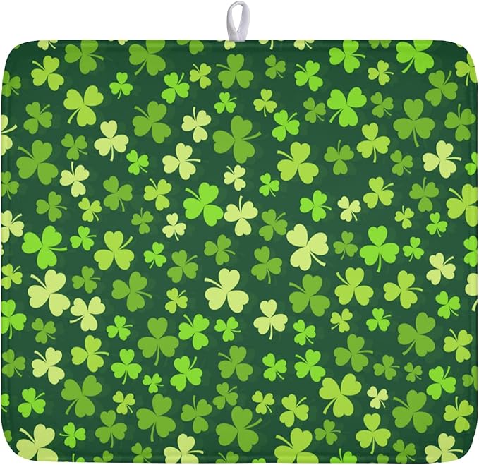 St. Patrick's Day Dish Drying Mat for Kitchen Counter,Irish Green Shamrocks Clover Leaves Drying Mat 16 x 18 Inch with Absorbent Reversible Microfiber Dish Drying Pad for Coffee Bar