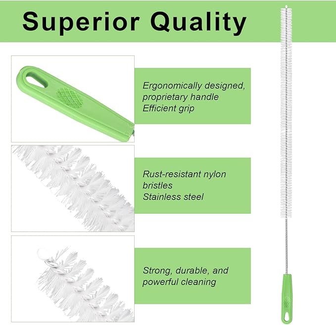 5pcs Extra Long Pipe Cleaning Brush, 15.16in/38.5cm Small Nylon Straw Cleaner Brush Set Multi-Purpose Cleaning Tool for Water Bottle Tube Kitchen Bathroom Sink Sewer Hair Dredge (Green White)