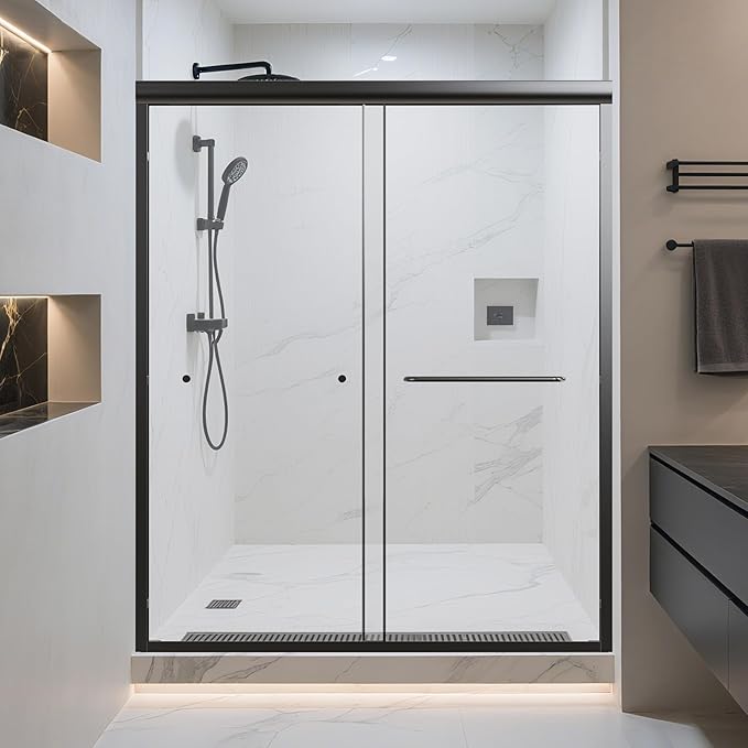 56-60" W x 70" H Semi-Frameless Double Sliding Shower Door, Bypass Bathroom Shower Glass Door with 1/4" (6mm) Clear SGCC Tempered Glass & Stainless Steel Handles, Denoise Design, Matte Black