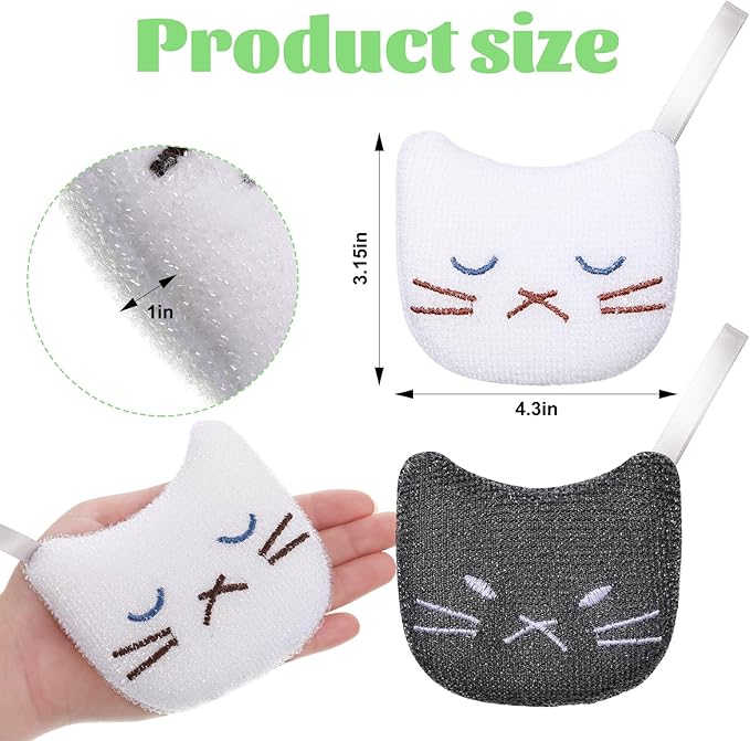 Honeydak 6 Pcs Reusable Cat Scrub Sponges Cat Dish Sponges for Kitchen Pet Shaped Hair Lifter Scrubbers Black White for Scrubbing Cleaning Dishwashing Kitchen Scrubbers for Washing Furniture