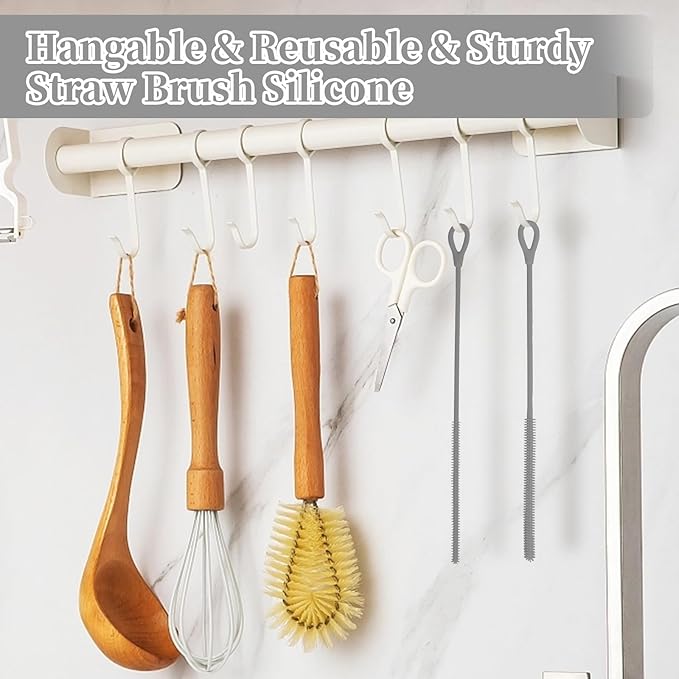 2Pcs Silicone Straw Cleaning Brushes, Extra Long, Used for Cleaning Glass Metal Smoothie Straws and StrawCups,Non-Slip Handle Soft and Bendable, 6mm+9mm. (Gray)