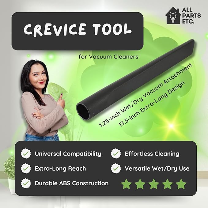 Crevice Tool for Vacuum Cleaners, 1.25-inch Wet/Dry Vacuum Attachment, 13.5-inch Extra-Long Design, Compatible with Shop Vac, Bissell, Nutone, Eureka, Beam & Central Vacuums