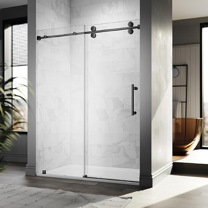 56-60 Inch x 80 Inch Sliding Frameless Shower Door, 3/8" Tempered Glass with Easy-Cleaning Coating, Stainless Steel Rollers & SGCC-Certified Stability, Matte Black
