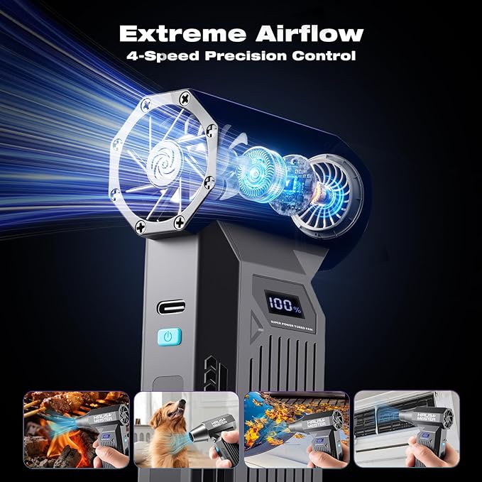 Electric Air Duster Rechargeable, HAUSMEISTER Airflex Turbo 150,000 RPM Compressed Air Blower for Heavy-Duty Car Detailing & PC, 5200mAh Cordless with Smart LED Display, 4-Gear