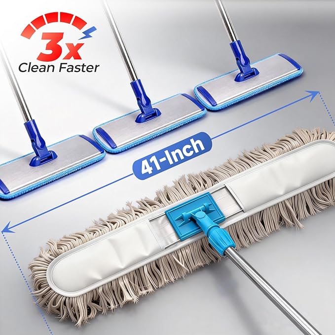 41” Commercial Dust Mop for Floor Cleaning, Industrial Dry Mop with Heavy Duty Long Handle, Large Cotton Reusable mop Head, for Cleaning Office Garage Hardwood Warehouse Factory Mall