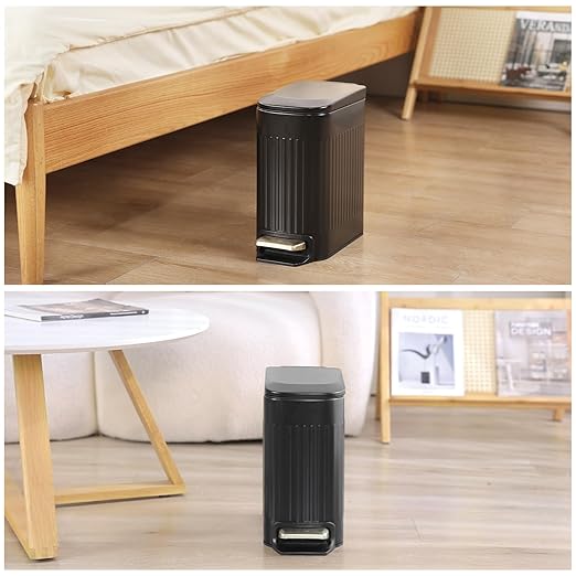 Slim Bathroom Trash Can Foot-Operated Stainless Steel Garbage Can with Soft Close Lid Step Trash Bin with Removable Inner Bucket for Bedroom, Office, Kitchen (Matt Black, 1.8 Gallons)