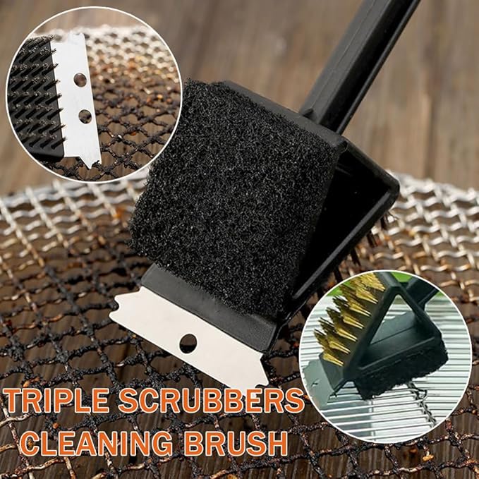 3-in-1 BBQ Grill Cleaning Brush, Brush Outdoor BBQ Cleaner Accessories Brush Wire Scrubber,Scraper and Scrub Pad in One Tool