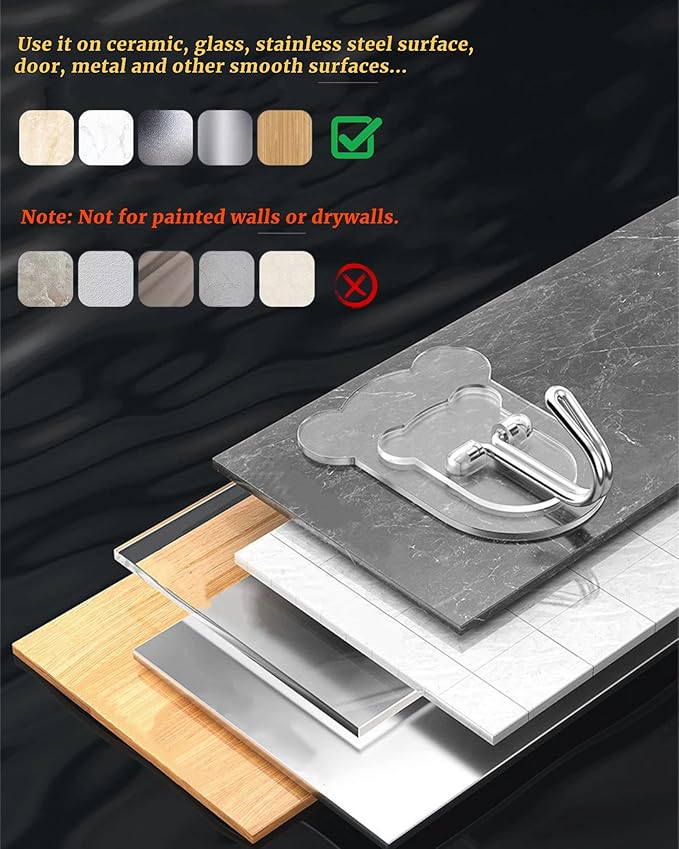 10 Pcs Heavy Duty Adhesive Hooks 10lb Max - Transparent Waterproof Sticky Wall Hooks for Bathroom, Shower, Kitchen, Office - No Damage Self Adhesive Hanging for Towels, Coats, Keys & Home Decor